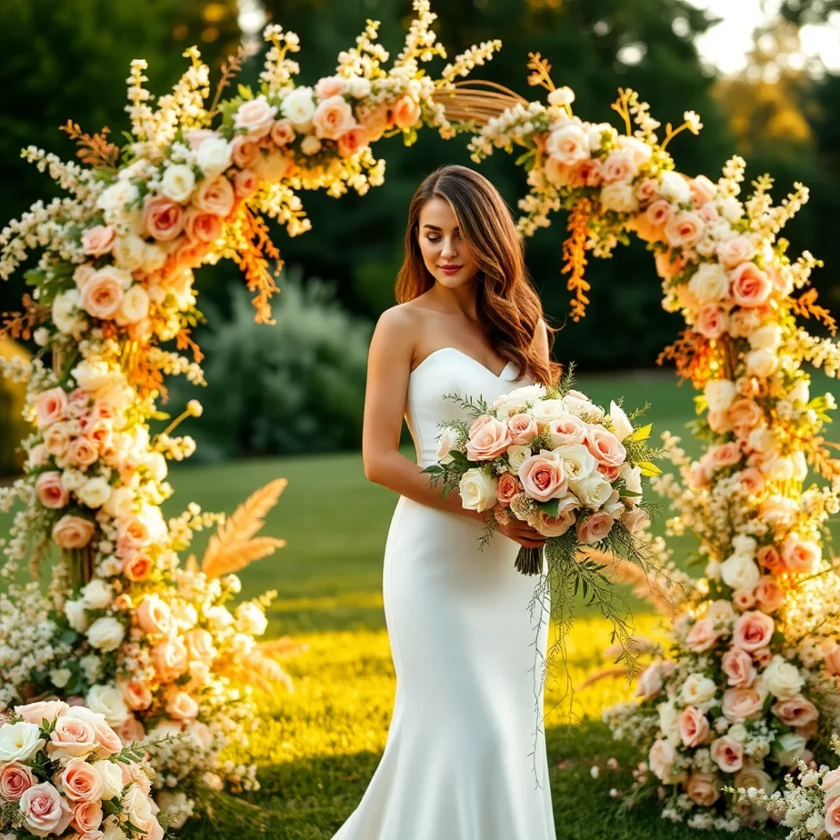 Bride in white gown holding a whimsical pastel bouquet featuring blue delphinium, pink lisianthus, and hypericum berries, standing beneath a floral arch in golden sunlight.