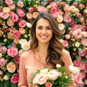 Smiling woman in soft pink dress holding a blush rose bouquet, standing in front of a vibrant wholesale flower wall with pink and peach blooms.