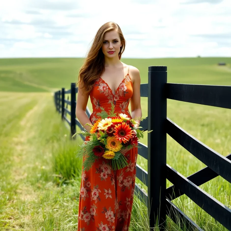 Woman in a floral maxi dress holding a colorful bouquet, standing beside a black wooden fence in a sunlit meadow.