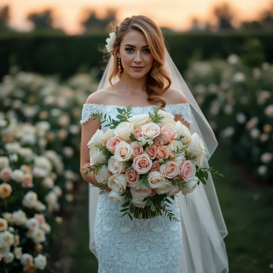 Bride smiling outdoors while holding a large ivory and blush rose bouquet made from wholesale flowers for her wedding day.