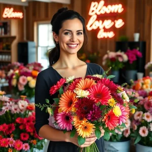 Smiling florist holding a vibrant bouquet of dahlias and zinnias in a boutique flower shop with neon sign and wooden accents in the background.