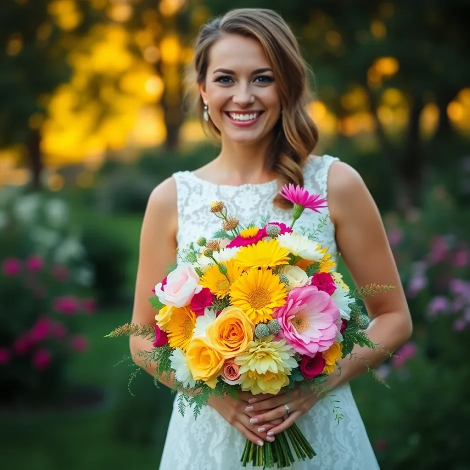 Smiling summer bride in white dress holding a vibrant bouquet with yellow, orange, and peach blooms in outdoor garden setting.