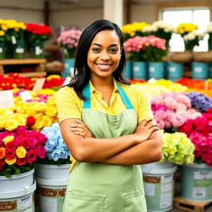 Smiling florist in yellow-striped shirt and teal apron standing confidently in front of vibrant buckets of wholesale flowers in a floral studio.