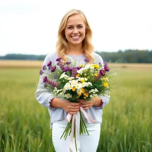 Smiling woman standing in a green field holding a large bouquet of freshly cut lavender and purple flowers, wearing a blue apron and white shirt.