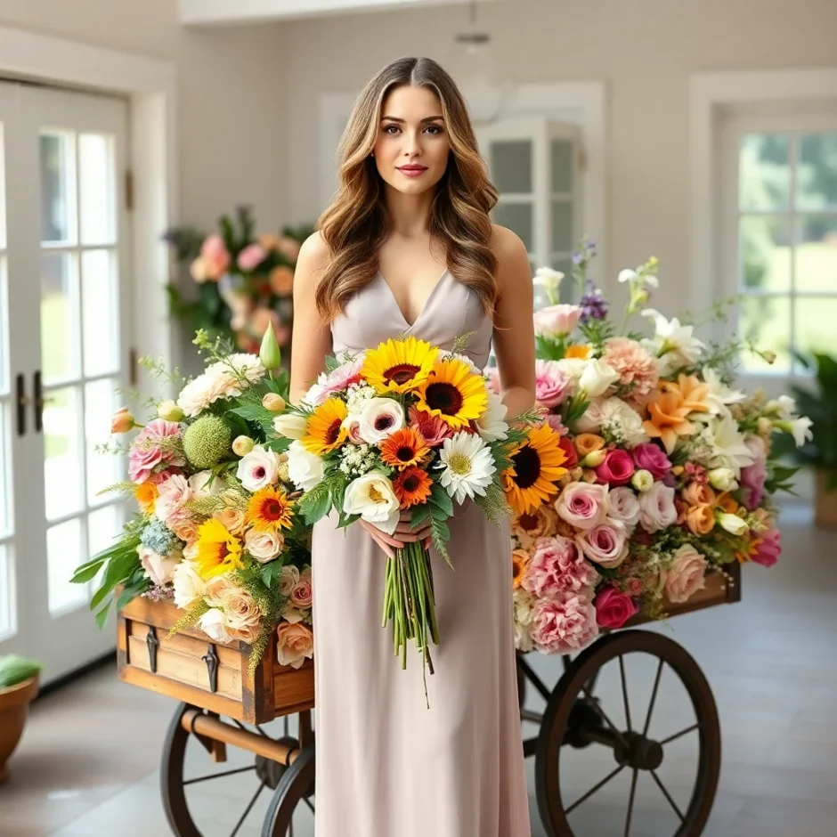 Beautiful woman holding a vibrant bouquet featuring the top 10 most popular wholesale flowers, including roses, tulips, peonies, sunflowers, and anemones, standing confidently in a stylish studio with greenery in the background.