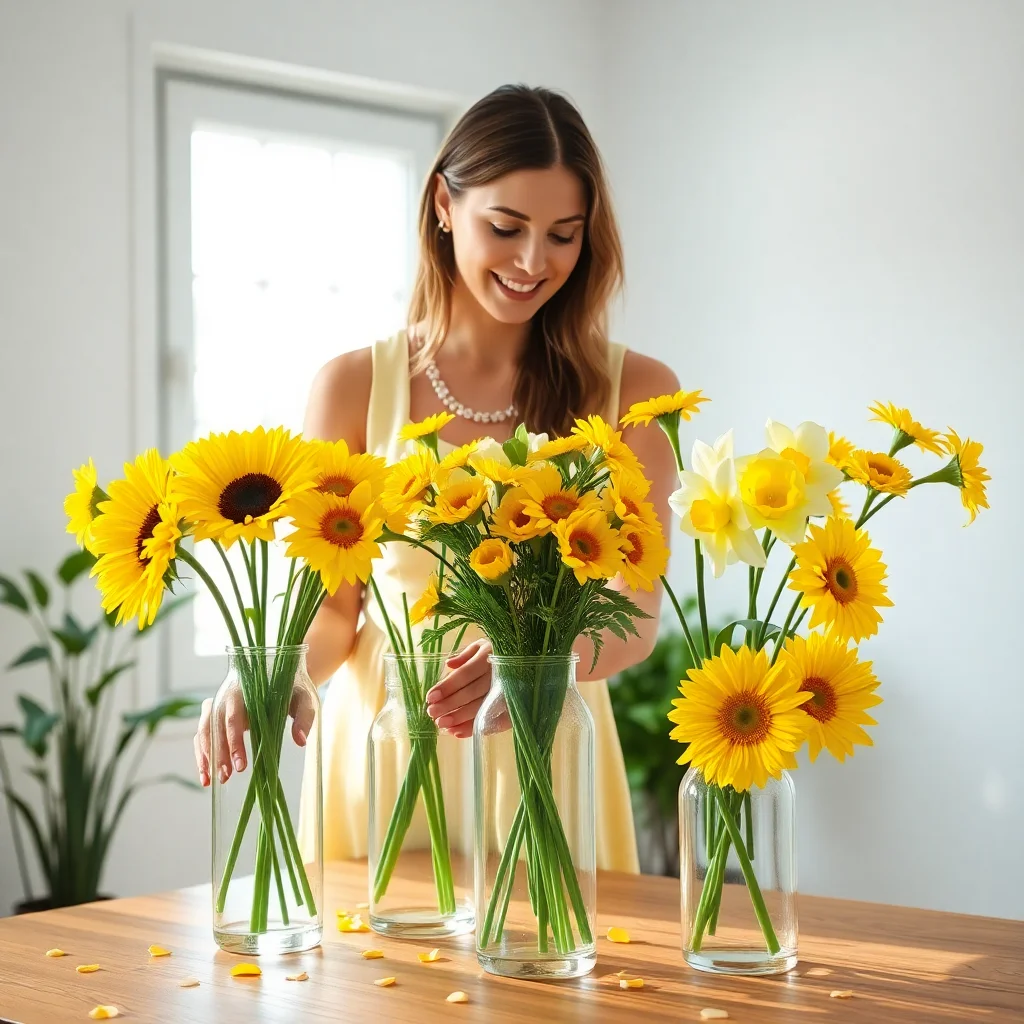 Smiling woman arranging vases of fresh yellow sunflowers and tulips by a window, radiating warmth and happiness in a bright, sunlit room.