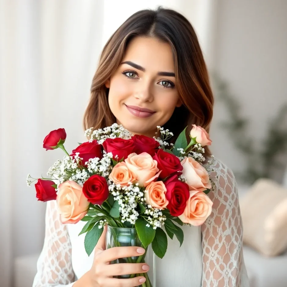 Beautiful woman holding a glass vase filled with red and white roses, smiling in natural light—celebrating June’s birth flower in a timeless floral arrangement.