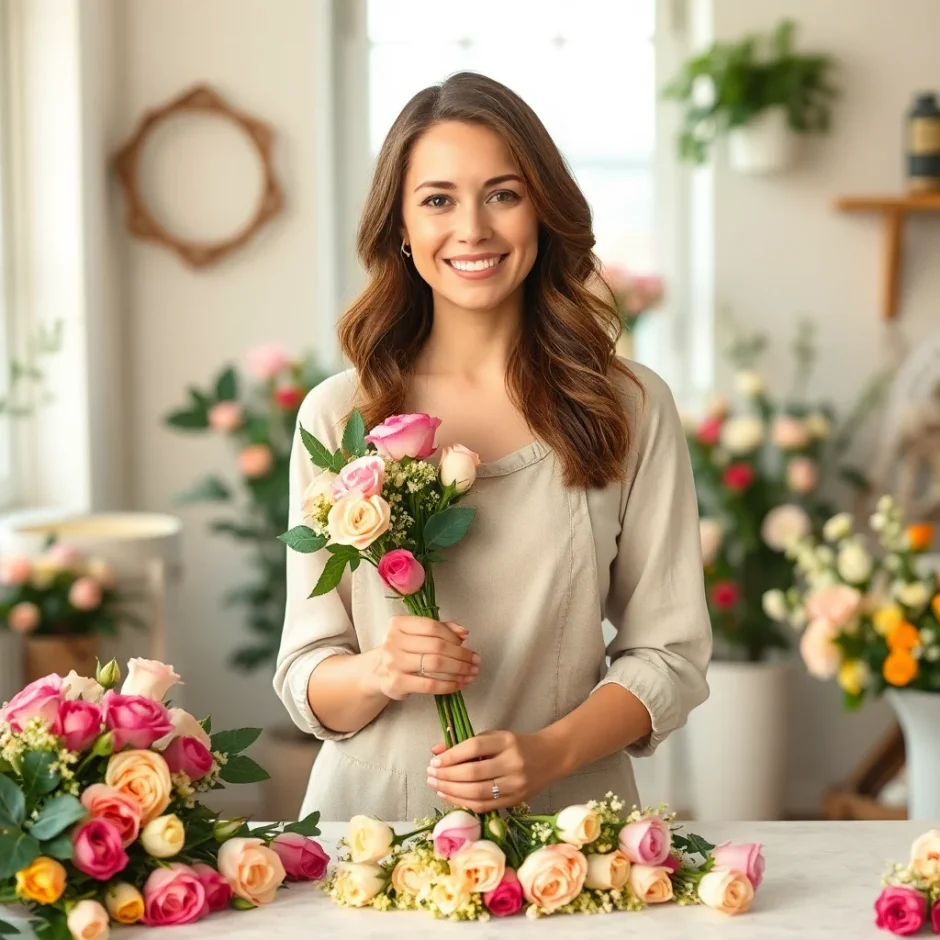 Smiling woman arranging fresh-cut roses and filler flowers on a table for a DIY June birthday bouquet in a bright and cozy floral workspace.
