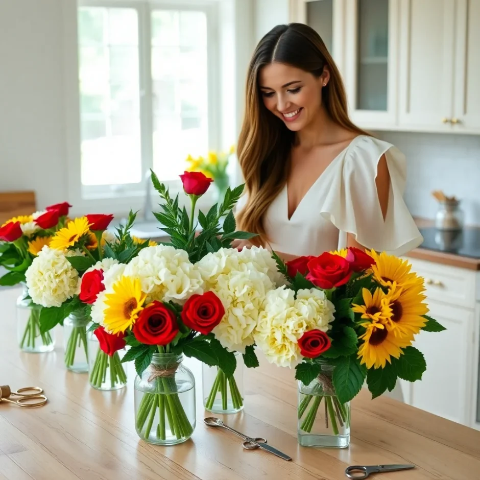 Smiling woman in white blouse arranging a vibrant June wedding bouquet with red roses, white hydrangeas, and yellow sunflowers in clear glass vases near a sunny window.