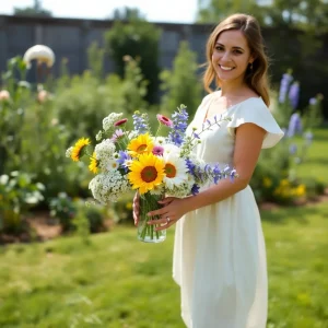 Beautiful woman in white dress holding a wildflower bouquet with sunflowers, baby’s breath, and roses in a summer garden setting