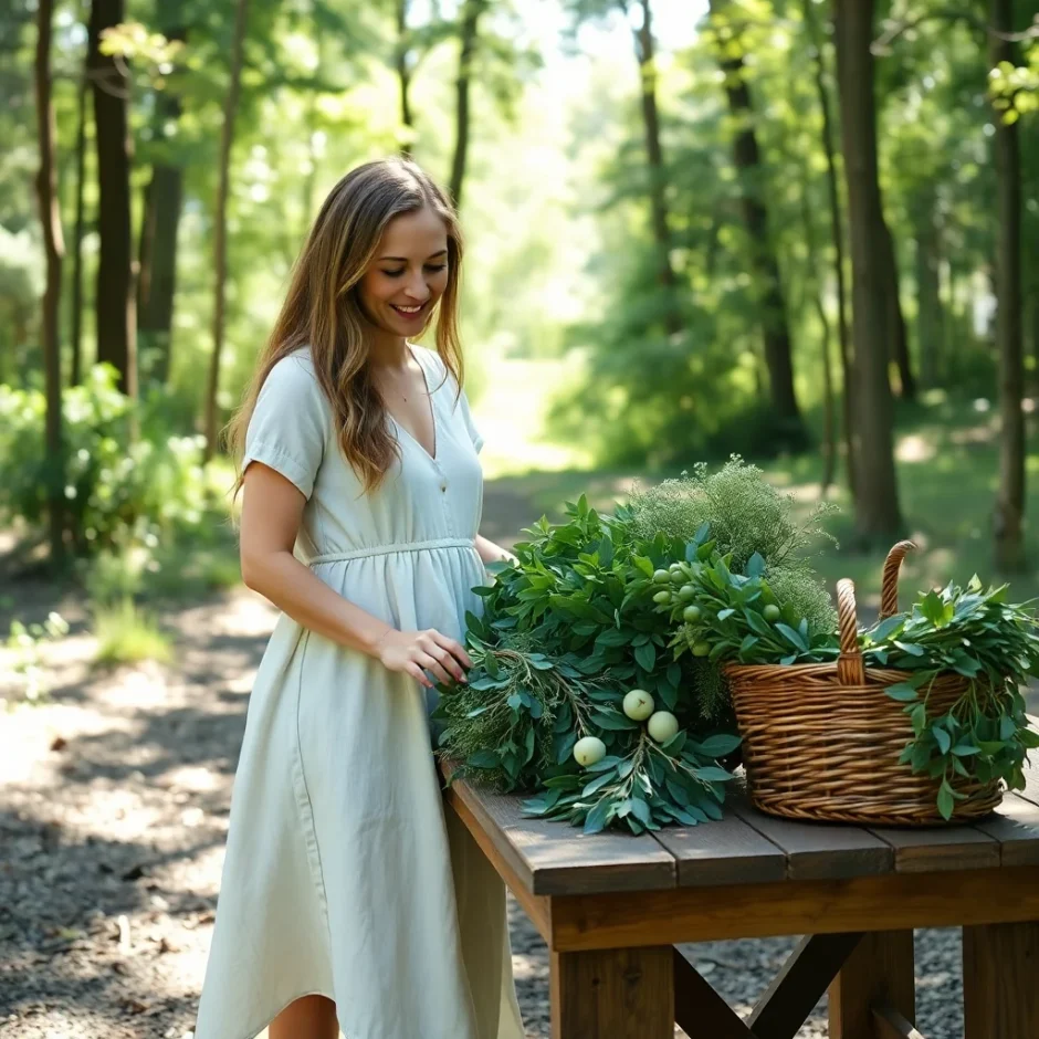 Woman arranging eco-friendly greenery like eucalyptus and ruscus on a rustic wooden table outdoors near a wooded area, showcasing sustainable floral choices.
