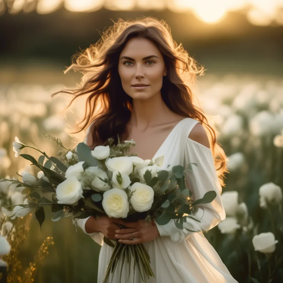 Beautiful bride holding a lush bouquet of white lisianthus and eucalyptus, standing in a golden field during sunset with wind gently blowing her hair.