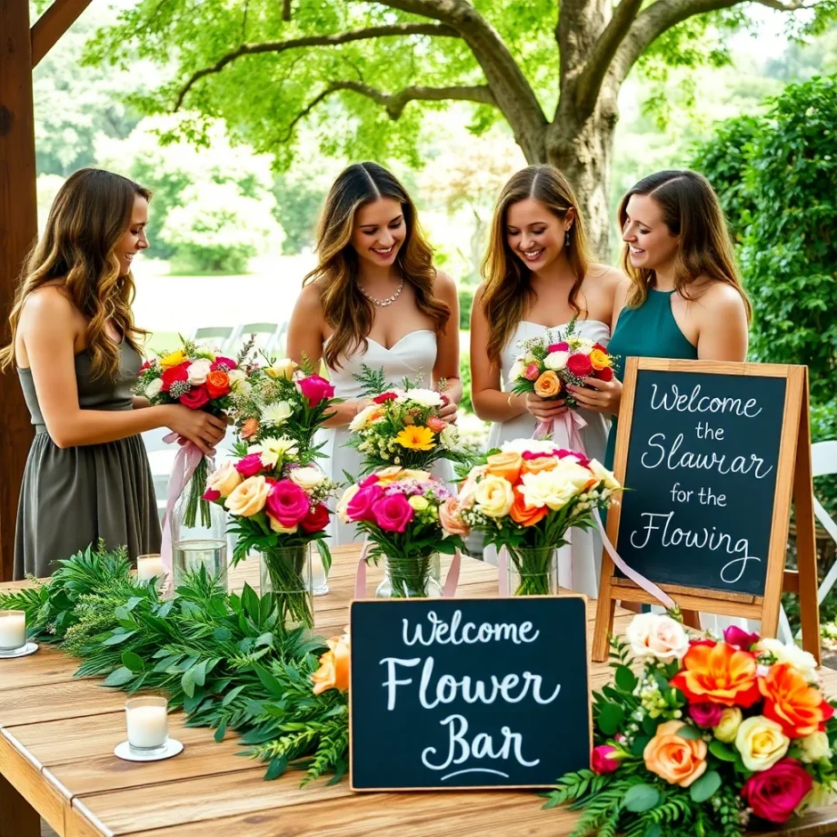 A group of women happily setting up a zero-waste flower bar outdoors with fresh greenery and blooms arranged in eco-friendly containers. A chalkboard sign reads “Flower Bar – Build Your Own Bouquet.”