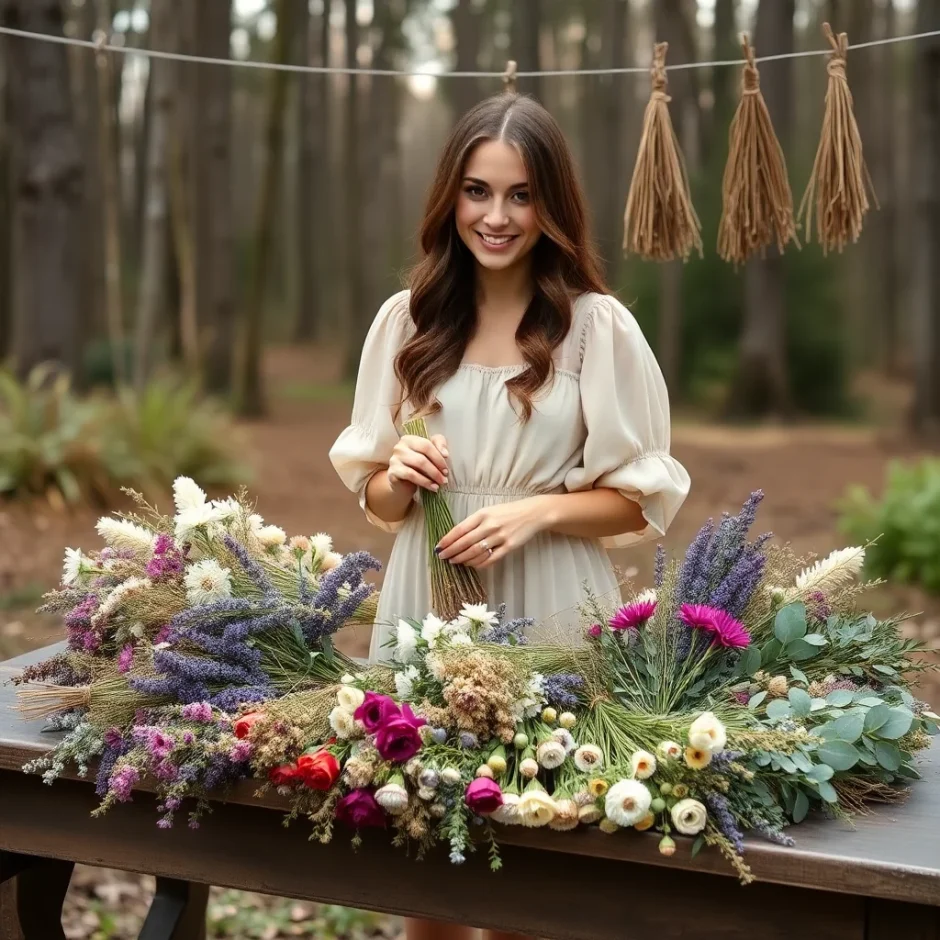 Beautiful woman preparing to dry a variety of flowers—statice, lavender, craspedia, amaranth, and eucalyptus—arranged on a rustic outdoor table under soft daylight.