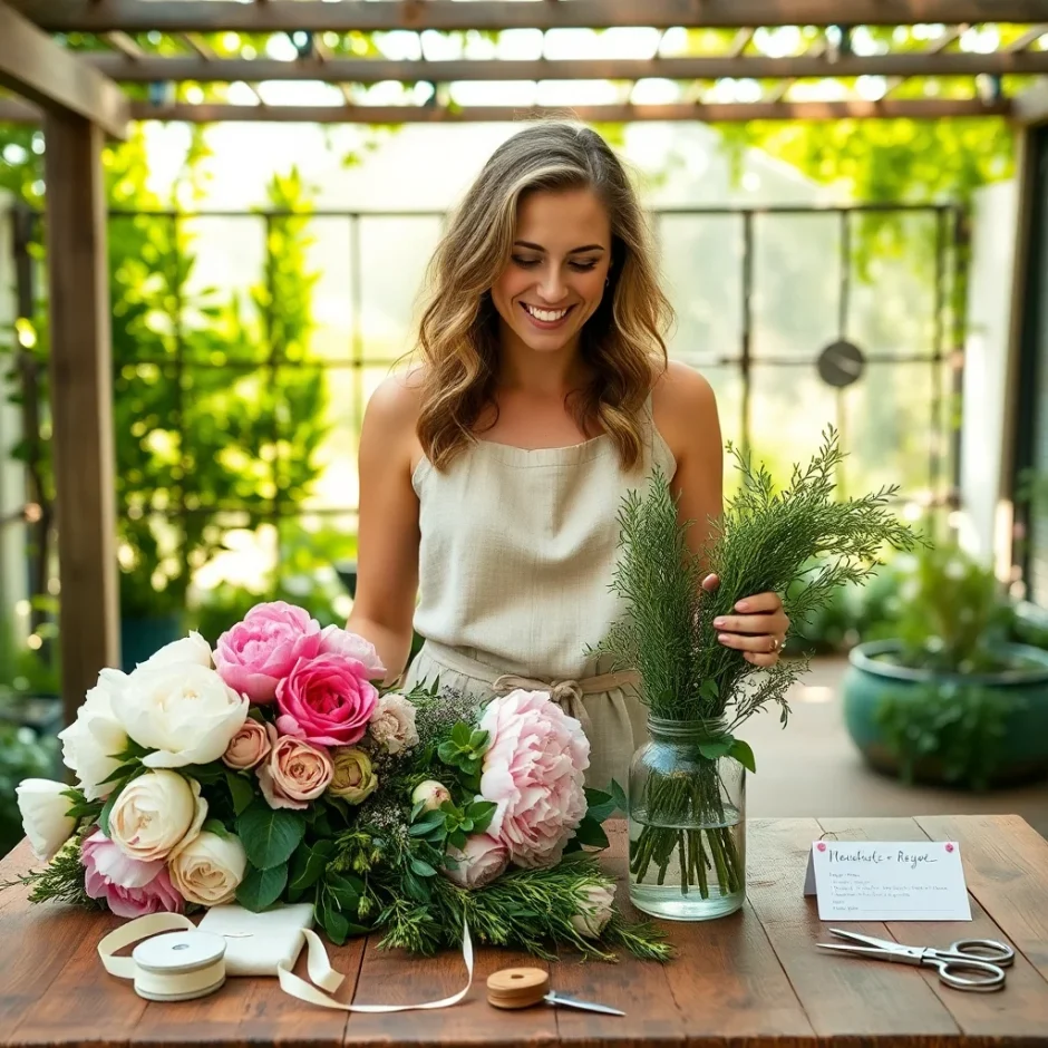 Beautiful woman creating a lush garden-style bouquet using peonies, ranunculus, and herbs on a wooden table in a sunlit outdoor setting.
