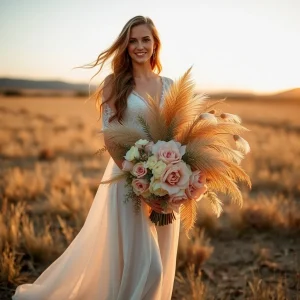 Boho bride standing in golden desert landscape, holding a wild and whimsical wedding bouquet made with pampas grass and protea in soft rustic tones.