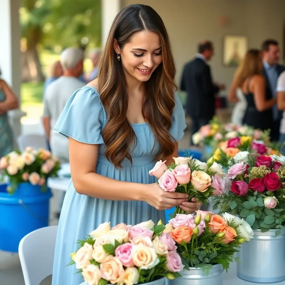 Beautiful woman in blue dress arranging fresh-cut flowers for a church fundraiser table with colorful blooms and warm sunlight streaming in.