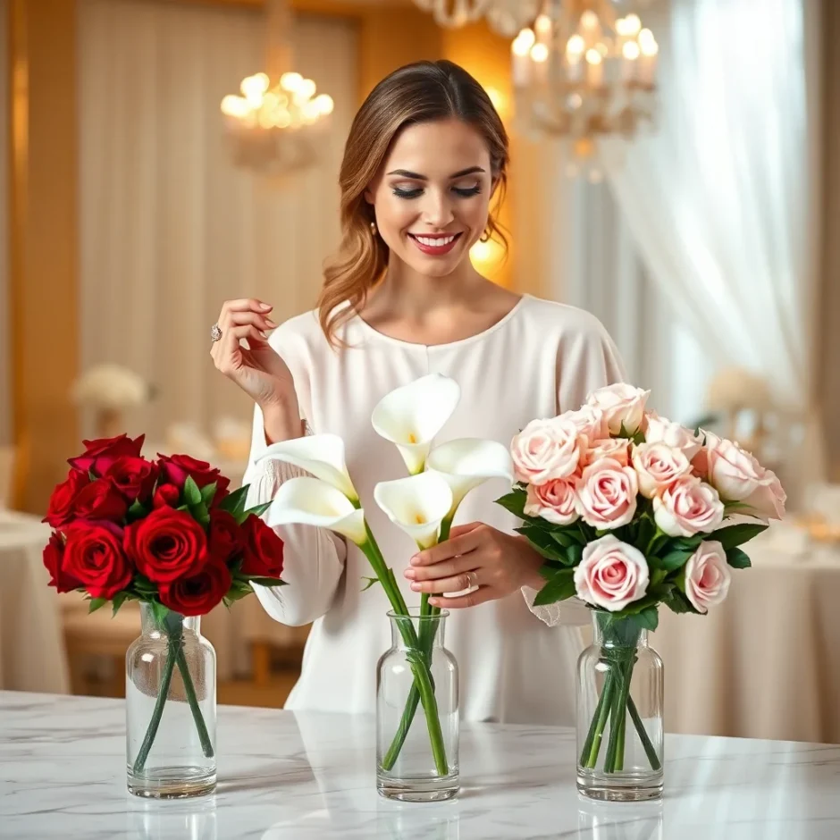 Elegant woman arranging red, white, and pink fresh-cut roses in clear glass vases on a table for a floral event display.