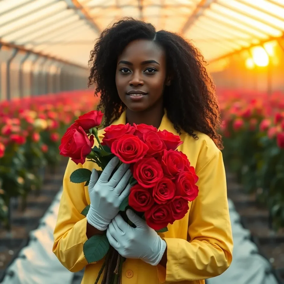 Young woman in yellow jacket holding bouquet of red roses at outdoor market, surrounded by floral displays, smiling confidently on delivery day.