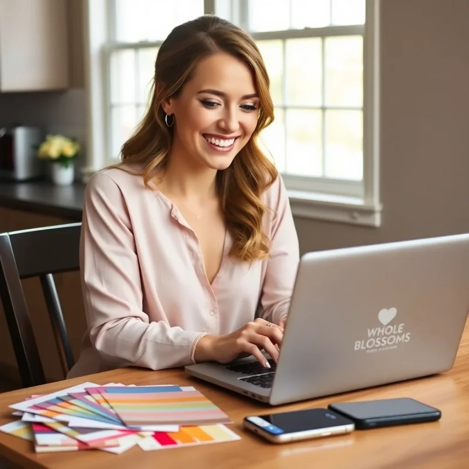 Smiling bride-to-be researching wedding flowers online with laptop open to Whole Blossoms site, surrounded by swatches, planner, and fresh blooms.