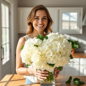 Smiling woman in a bright kitchen holding a glass vase filled with lush white hydrangeas, symbolizing elegance and freshness for weddings or events.