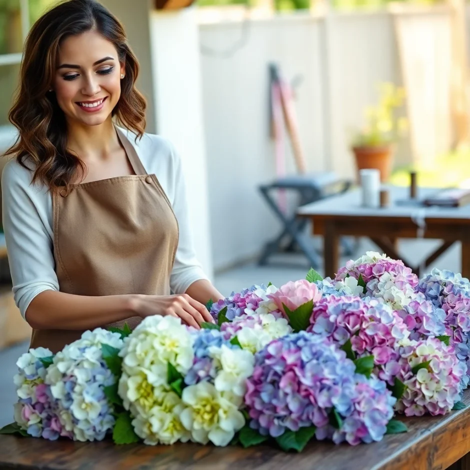 Smiling woman arranging hydrangeas in multiple vibrant colors on a wooden table, creating a seasonal palette for wedding or event floral planning.