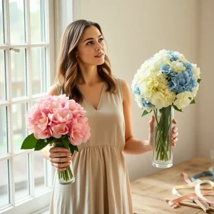 Elegant woman standing by window holding a vase of fresh hydrangeas in one hand and preserved hydrangeas in the other, comparing texture and color.
