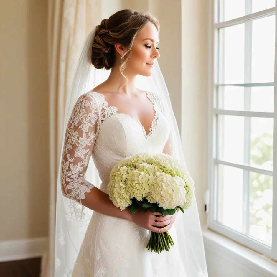 Bride in lace gown stands by a bright window, holding a classic round bouquet of white hydrangeas, symbolizing purity and elegance on her wedding day.