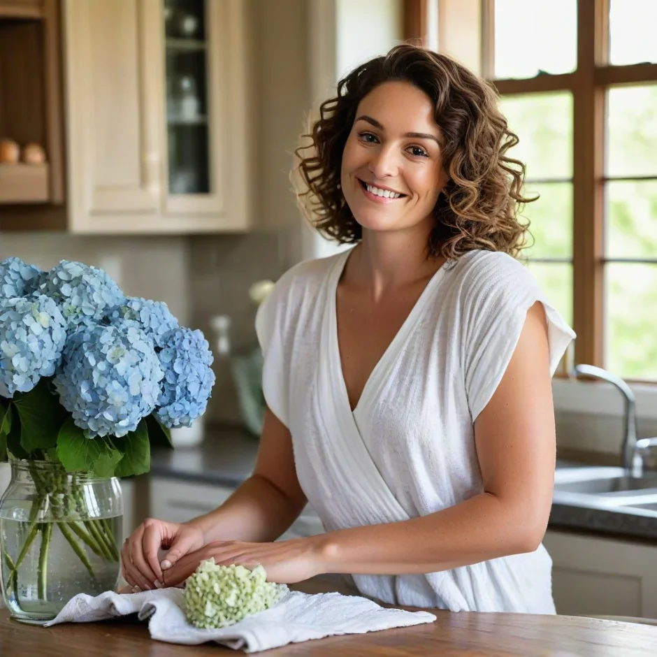 Smiling woman preparing hydrangeas in a glass vase filled with water at a wooden table, showcasing proper floral care and hydration before an event.