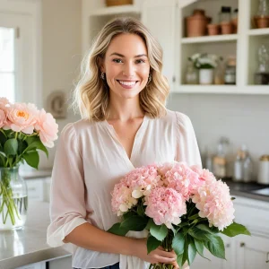 Smiling woman arranging a glass vase filled with hydrangeas, roses, and fresh-cut flowers, creating a cheerful mixed bouquet on a bright kitchen counter.