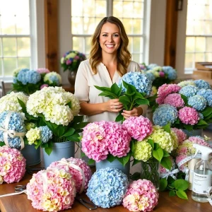 Smiling woman arranging assorted hydrangeas in vibrant colors—pink, blue, white, and purple—on a wooden table, preparing for a bulk floral order.