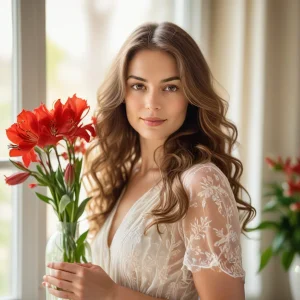 Beautiful woman holding a glass vase filled with vibrant red Alstroemeria flowers, ideal for weddings, centerpieces, or romantic floral arrangements.