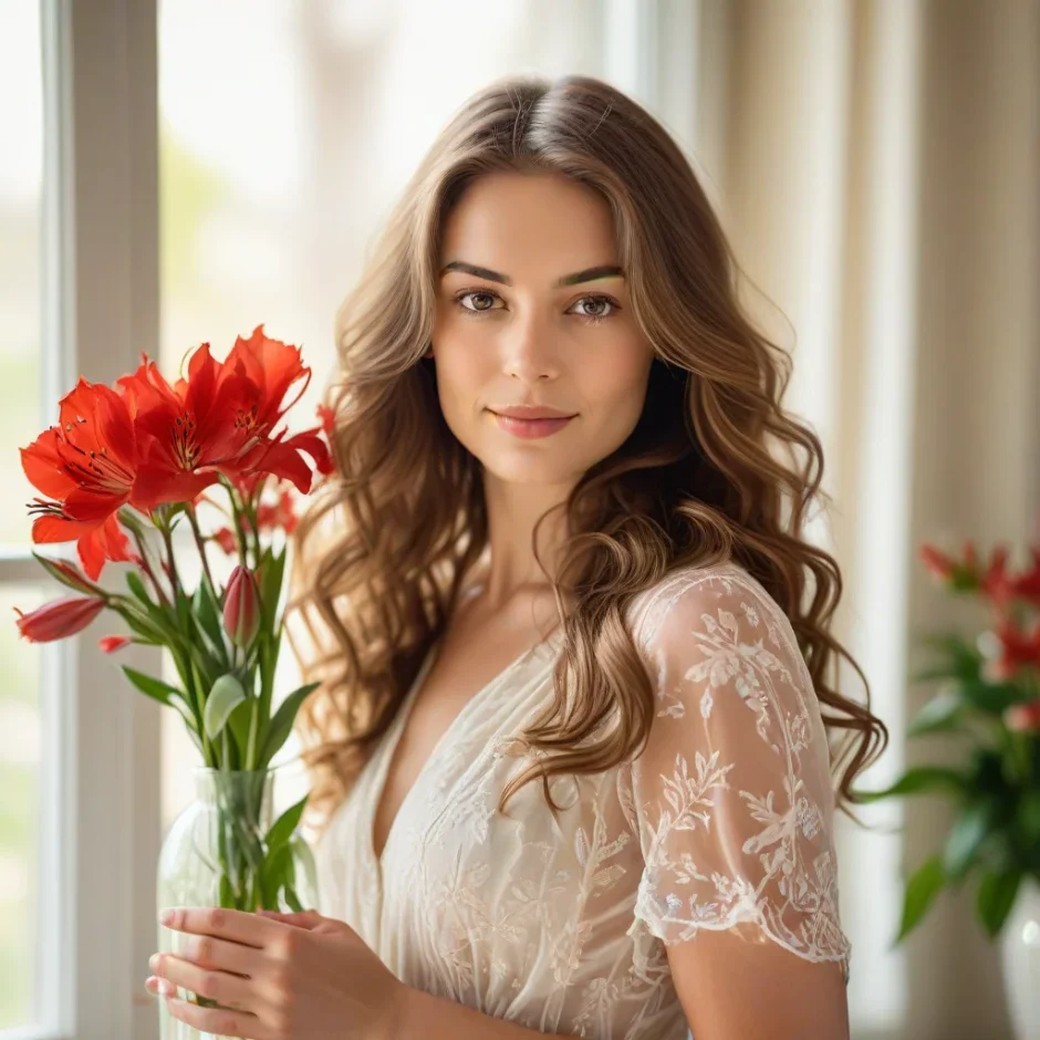 Beautiful woman holding a glass vase filled with vibrant red Alstroemeria flowers, ideal for weddings, centerpieces, or romantic floral arrangements.