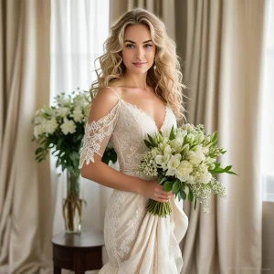 Bride holding a large bouquet of elegant white Alstroemeria flowers, perfect for weddings, showcasing grace, purity, and timeless floral design.