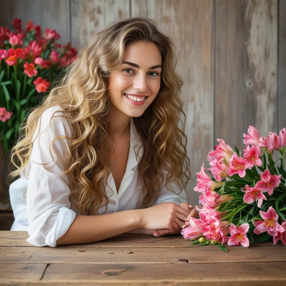 Smiling woman arranging fresh Alstroemeria flowers by color on a wooden table, showcasing pink, red, and white blooms in a cozy indoor setting.