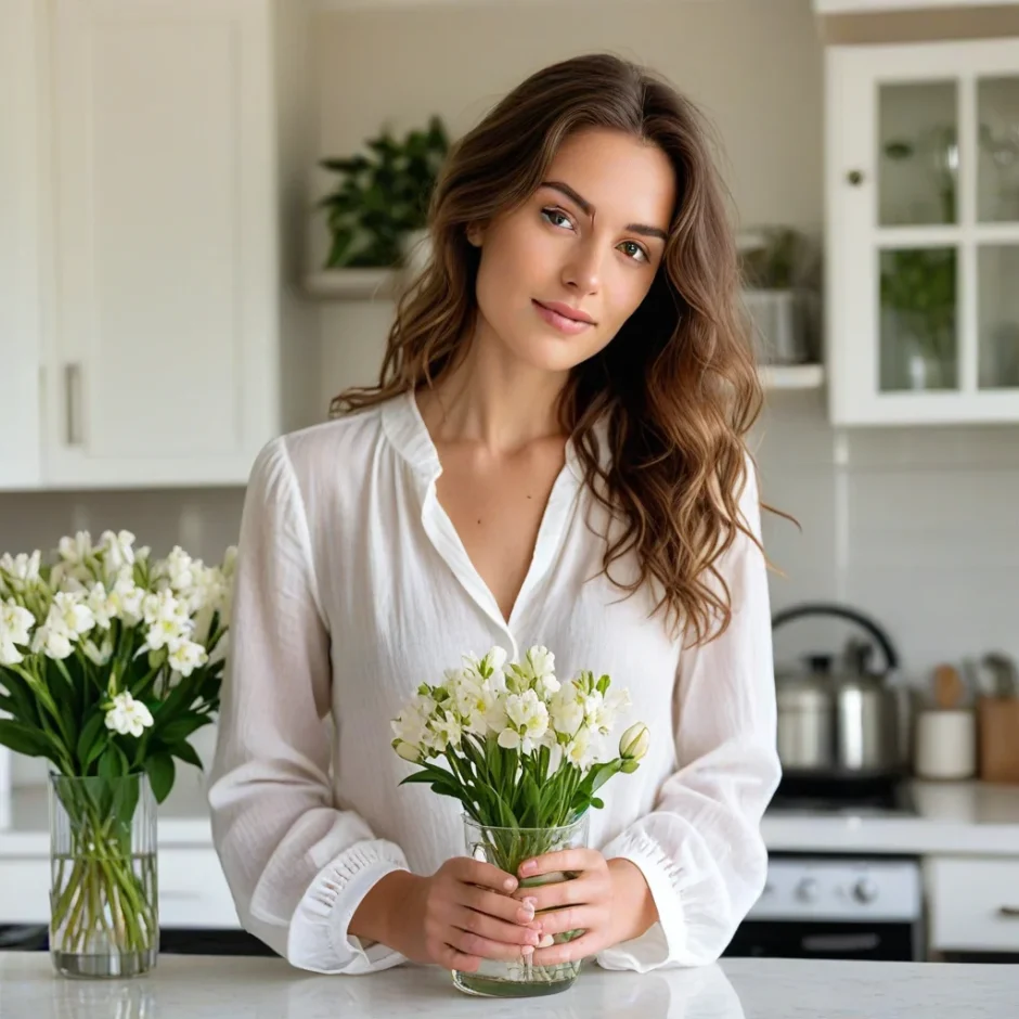 Beautiful woman arranging fresh white Alstroemeria stems in a clear glass vase, set on a kitchen counter with soft natural light streaming in.