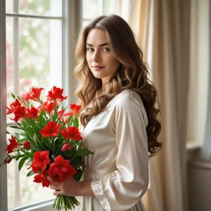 Beautiful woman in soft blouse holding a vivid red Alstroemeria bouquet near a window, showcasing fresh, vibrant blooms ideal for weddings or events.