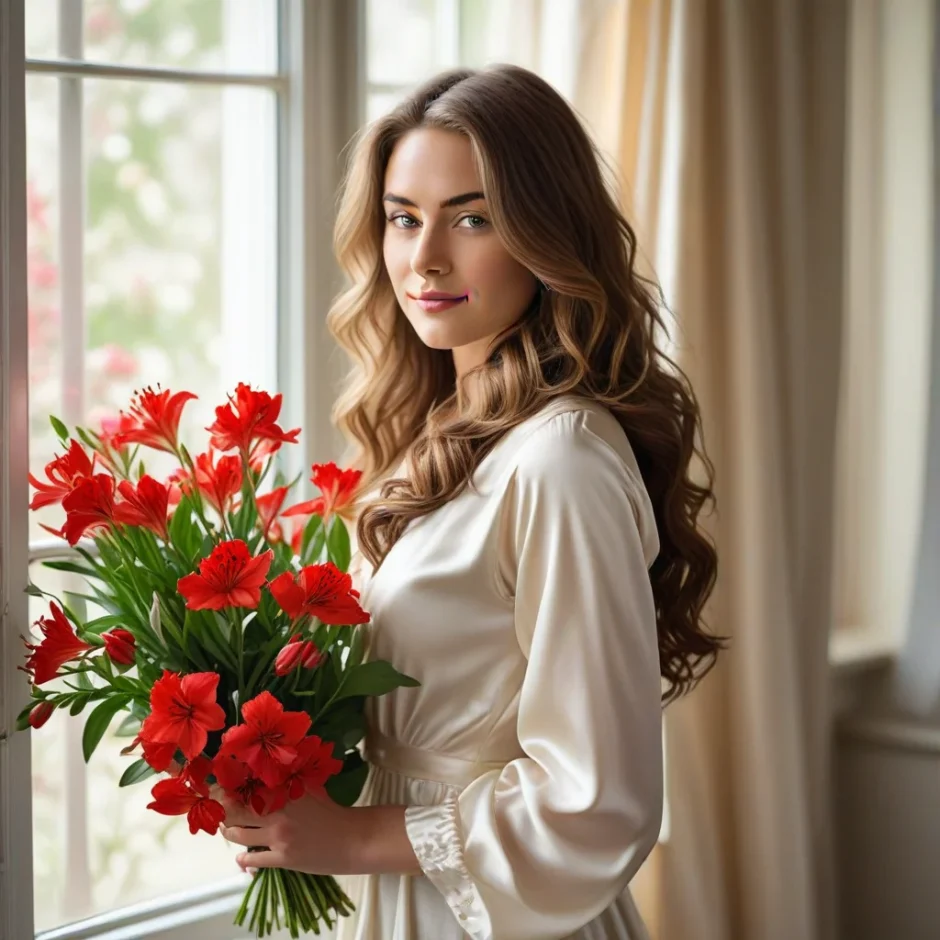 Beautiful woman in soft blouse holding a vivid red Alstroemeria bouquet near a window, showcasing fresh, vibrant blooms ideal for weddings or events.