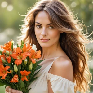 Beautiful woman holding a vibrant orange Alstroemeria bouquet, with soft waves in her hair, standing near a window in natural light for a radiant close-up.