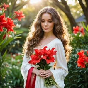 Beautiful woman holding a bouquet of red Amaryllis flowers in garden setting – ideal for weddings, holidays, and romantic floral arrangements.