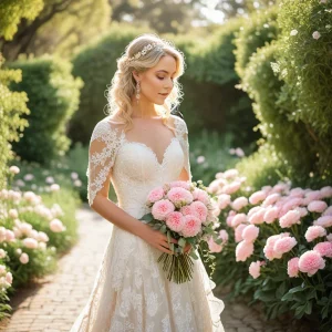 Bride in a lace wedding gown holding a large blush pink carnation bouquet with eucalyptus greenery, standing in a sunlit garden pathway.