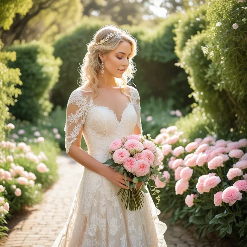 Bride in a lace wedding gown holding a large blush pink carnation bouquet with eucalyptus greenery, standing in a sunlit garden pathway.