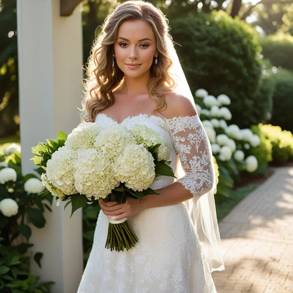 Bride holding a large bouquet of fresh white hydrangeas in an outdoor garden wedding setting