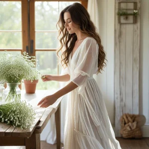 Bride in an ivory gown arranging fresh white baby’s breath flowers on a rustic wooden table near a sunlit window for a wedding bouquet.