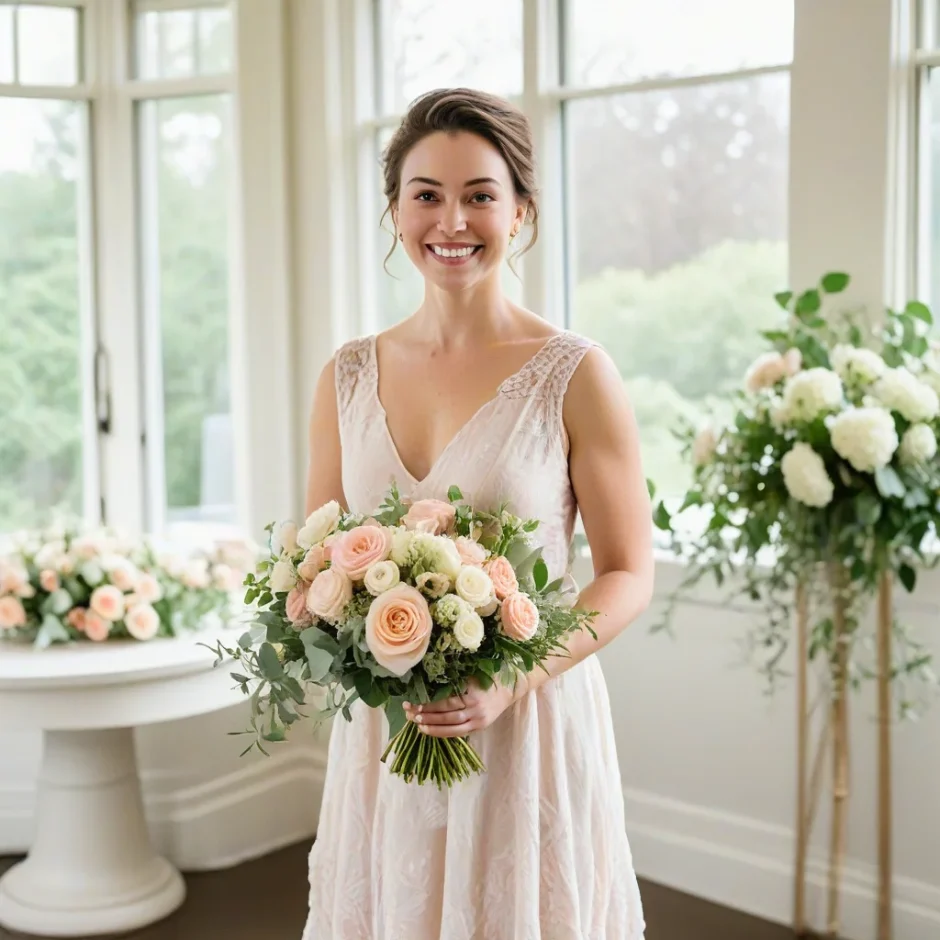 Bride in blush dress holding an elegant compote-style wedding centerpiece with fresh white roses, hydrangeas, and greenery in a bright reception room.
