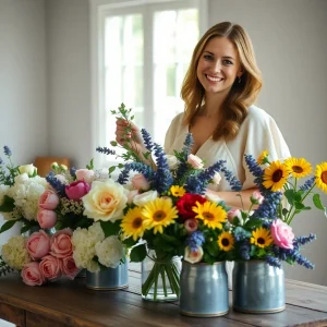 Beautiful woman arranging fresh wholesale flowers on a rustic wooden table, featuring sunflowers, roses, and hydrangeas for wedding and event décor from Whole Blossoms.