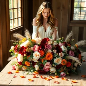 Beautiful fall wedding flower arrangement with burgundy dahlias, blush roses, rust chrysanthemums, and eucalyptus, styled on a rustic wooden table for a seasonal bridal bouquet from Whole Blossoms.