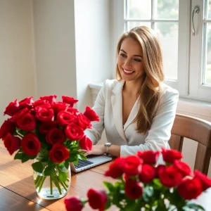 Smiling woman arranging fresh red roses in a vase while ordering more wholesale flowers online from Whole Blossoms for her wedding décor.