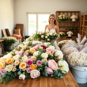 Beautiful bride standing in a floral preparation room surrounded by bulk wedding flowers, holding a bouquet of roses and peonies from Whole Blossoms.