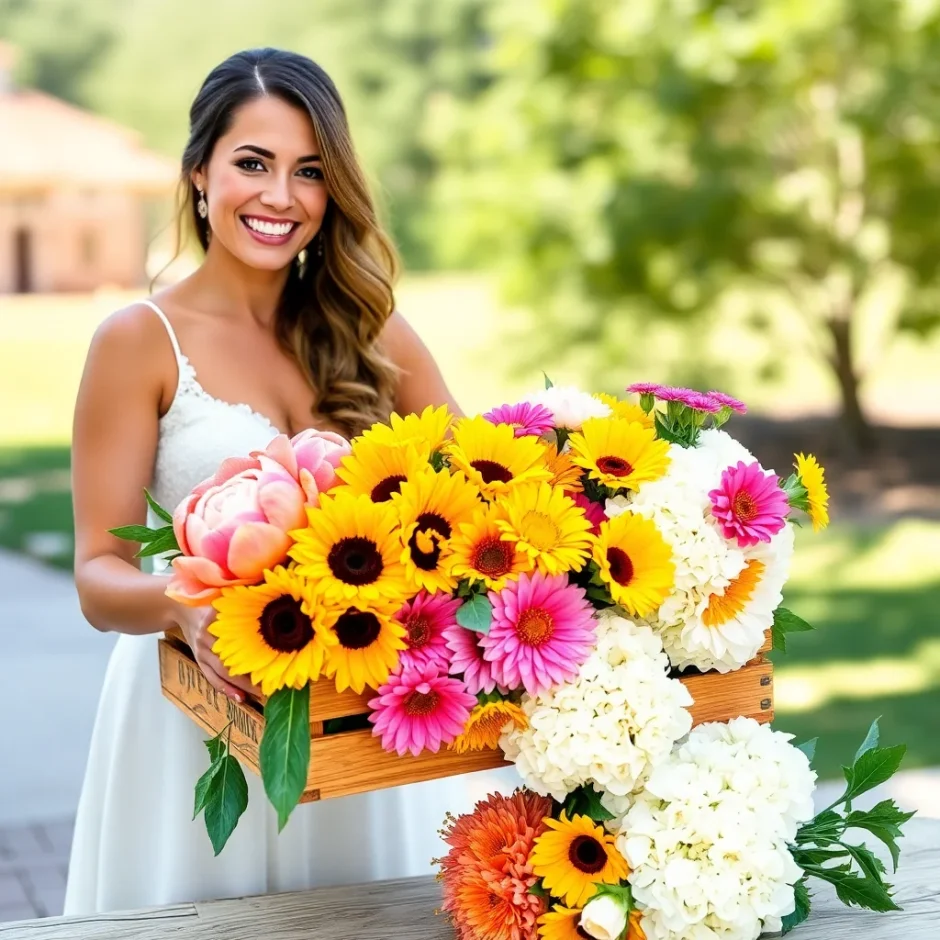 Bride holding vibrant summer wedding bouquet with sunflowers, roses, and zinnias outdoors, showcasing trending 2025 wedding flower colors.